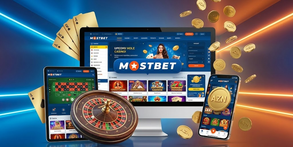 Mostbet Azerbaijan rəsmi saytının müxtəlif cihazlarda görünüşü - kompüter, planşet və mobil telefonda kazino interfeysi